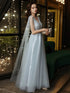 Light Blue V-neckline Beaded Floor Length Prom Dress, Light Blue Tulle Party Dress